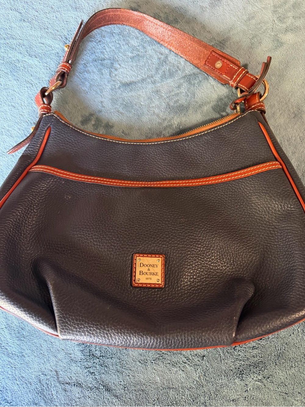 Dooney & Bourke Dark Brown Pebbled Leather Hobo with Tan Trim